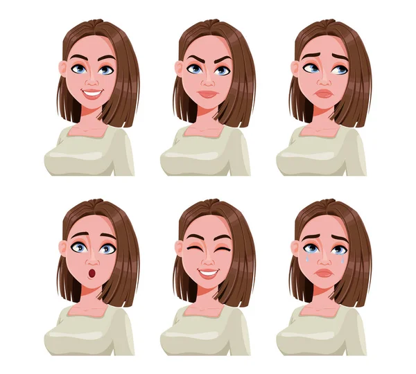 Expresiones Faciales Mujer Con Cabello Castaño Diferentes Emociones Femeninas Hermoso — Vector de stock