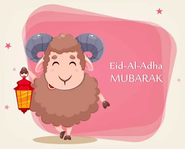 Tarjeta Felicitación Eid Adha Mubarak Con Ovejas Sacrificadas Dibujos Animados — Archivo Imágenes Vectoriales