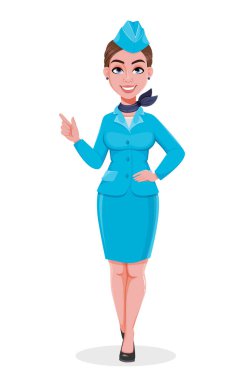 Mavi üniformalı hostes bir şeyi işaret ediyor. Profesyonel üniformalı güzel kadın hostes çizgi film karakteri. Beyaz arkaplanda stok vektör illüstrasyonu