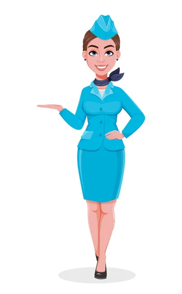 Azafata Uniforme Azul Presentando Algo Mujer Hermosa Azafata Personaje Dibujos — Vector de stock