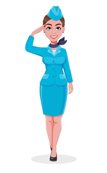 Hospedeira Uniforme Azul Mulher Bonita Aeromoça Personagem Desenho Animado Uniforme — Vetor de Stock