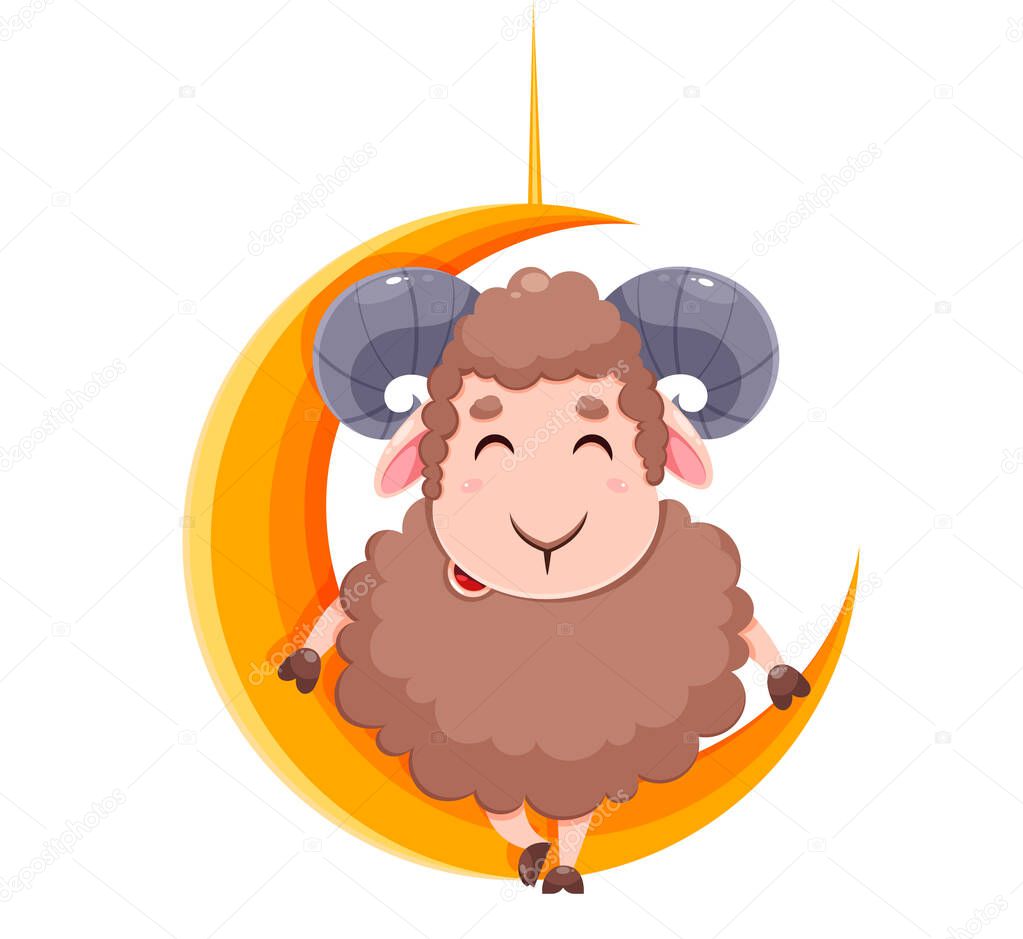 Eid Al Adha Mubarak greeting card with cartoon sacrificial sheep for the celebration of Muslim traditional festival. Funny character ram sitting on the moon. Vector illustration on white background