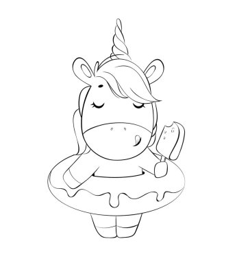 Tatlı doğrusal tek boynuzlu at, yaz tasarımı. Komik sihirli siyah beyaz tek boynuzlu at çizgi film karakteri. Boyama kitapları, posterler, baskılar ve diğer amaçlar için kullanılabilir. Stok vektör illüstrasyonu