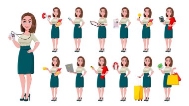 13 pozdan oluşan başarılı genç bir iş kadını. Şirin iş kadını çizgi film karakteri. Beyaz arkaplanda stok vektör illüstrasyonu