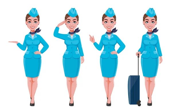 Hostess Uniforme Blu Quattro Pose Bella Donna Hostess Personaggio Dei — Vettoriale Stock