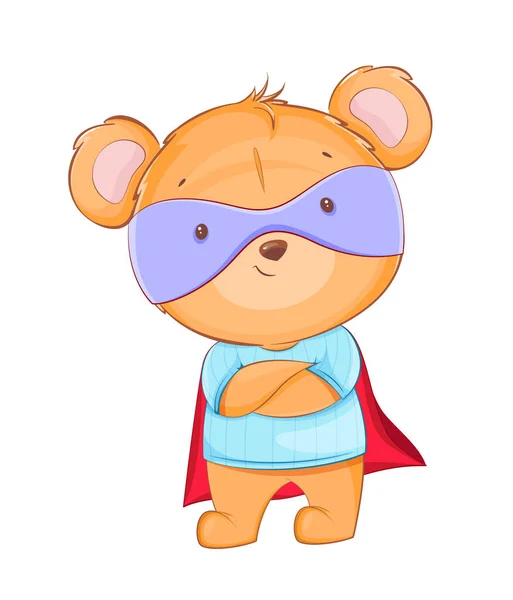 Leuke Kleine Beer Superheld Kostuum Grappige Stripfiguur Teddybeer Voorraadvector Illustratie — Stockvector