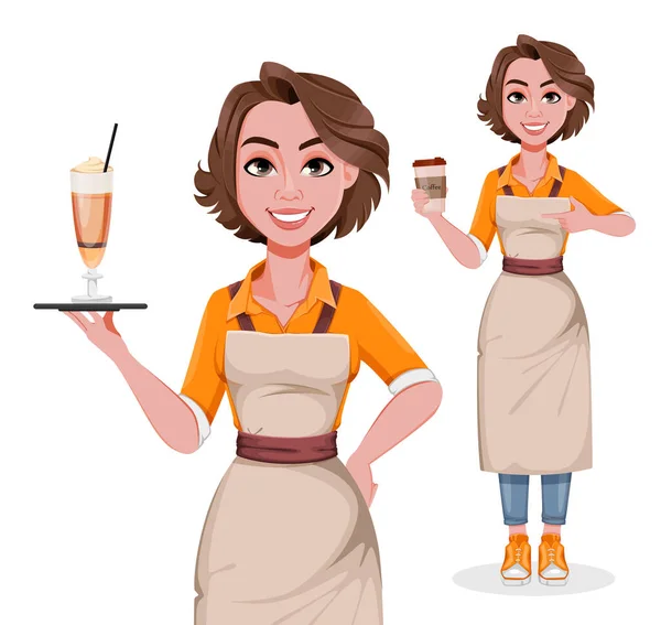 Barista Donna Due Pose Concetto Business Del Caffè Bella Donna — Vettoriale Stock