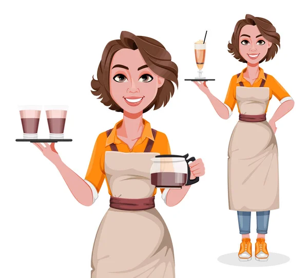 Női Barista Két Pózban Kávéüzlet Gyönyörű Barista Rajzfilmfigura Készletvektor Illusztráció — Stock Vector