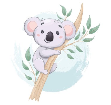 Okaliptüs ağacındaki komik koala. Sevimli çizgi film karakteri. Baskı, bebek partisi vs. için kullanılabilir. Stok vektör illüstrasyonu