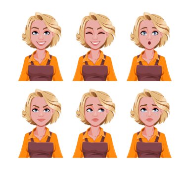 Kadın baristanın yüz ifadeleri. Farklı kadın duyguları. Güzel bir çizgi film karakteri. Vektör illüstrasyonu beyaz arkaplanda izole edildi.
