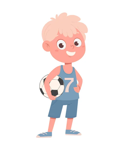 Милый Маленький Мальчик Футбольной Форме Держит Мяч Вернемся Школьной Концепции — стоковый вектор