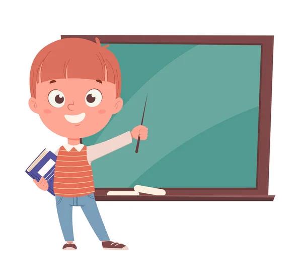 学校のコンセプトに戻る 陽気少年ポインタと本を保持し 黒板の近くに立っている 面白い漫画のキャラクター ベクターイラスト — ストックベクタ