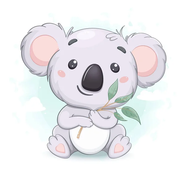 Divertido Koala Con Rama Eucalipto Lindo Personaje Dibujos Animados Utilizable — Vector de stock