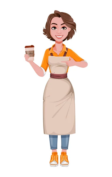 コーヒーを提供する女性バリスタ コーヒービジネスの概念 陽気なバリスタ漫画のキャラクター ストックベクトルイラスト — ストックベクタ