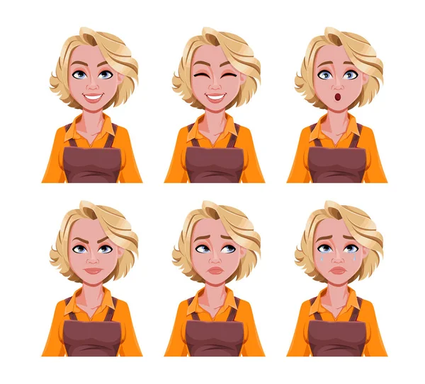 Expresiones Faciales Barista Mujer Diferentes Emociones Femeninas Hermoso Personaje Dibujos — Vector de stock