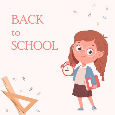 Elinde kitap ve saat tutan neşeli liseli kız. Sevimli çizgi film karakteri. Okul konseptine geri dönelim. Vektör illüstrasyonu 