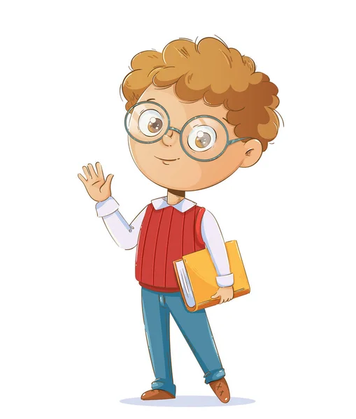 Back School Concept Cheerful Schoolboy Book Cute Cartoon Character Vector — Stock Vector