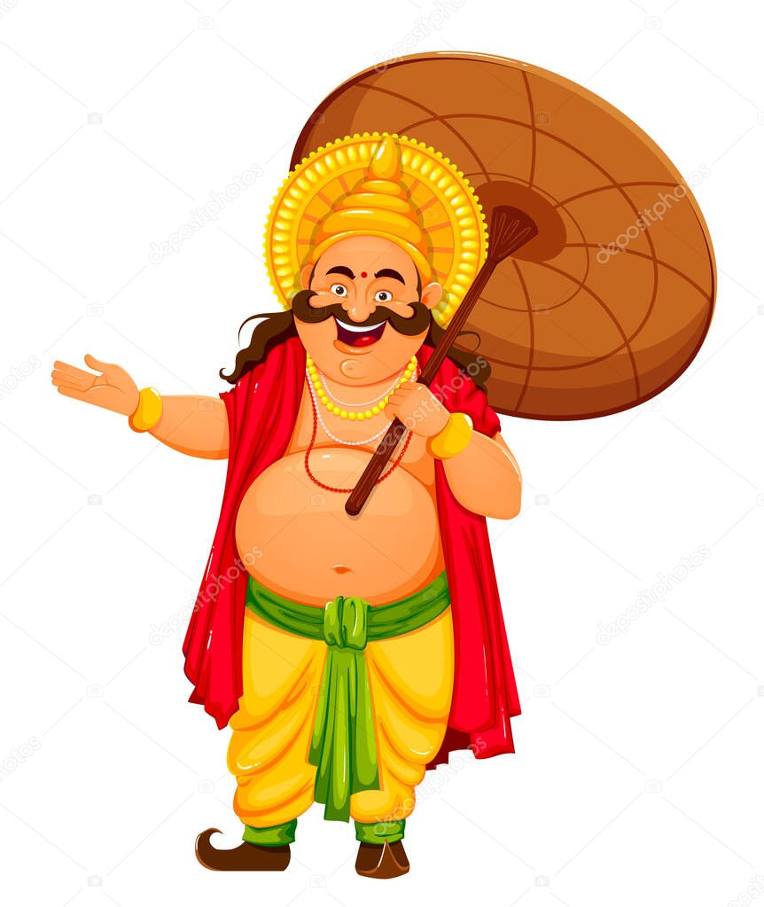 Happy Onam festival in Kerala. Onam celebration, traditional Indian holiday. King Mahabali with umbrella. Stock vector illustration on white background