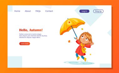 Yağmurluk ve lastik çizmelerle yağmurlu bir sonbahar geçiren mutlu bir çocuk. Neşeli kız çizgi film karakteri. İniş sayfası, web sitesi ve diğer uygulamalar için kullanılabilir stok vektör illüstrasyonu