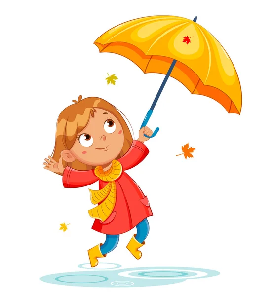 Happy Funny Child Rad Raincoat Rubber Boots Rainy Autumn Cheerful — Stock Vector