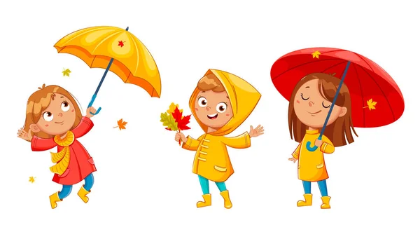 Happy Funny Child Raincoat Rubber Boots Set Three Poses Cheerful — Stock Vector