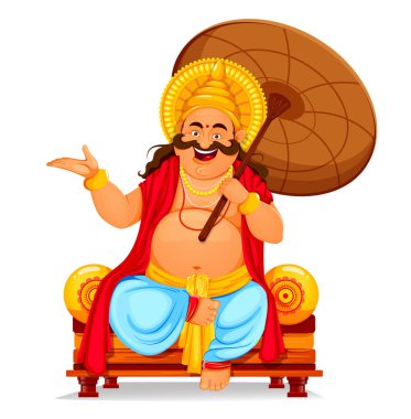 Kerala tebrik kartında Onam Festivali kutlu olsun. Onam kutlaması, geleneksel Hint bayramı. Kral Mahabali şemsiyeyle oturuyor. Vektör illüstrasyonu