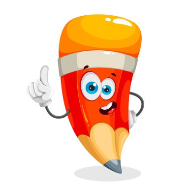 Komik okul kalemi. Neşeli kalem çizgi film karakteri. Okul konseptine geri dönelim. Hisse vektörü beyaz arkaplanda izole edildi