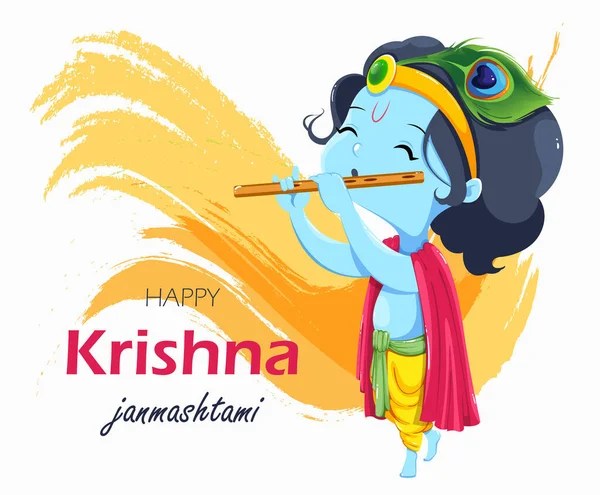 Gelukkige Krishna Janmashtami Wenskaart Lord Krishna Kind Betaalt Fluit Stamvector — Stockvector