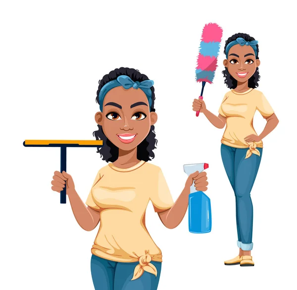 Bonita Ama Casa Afroamericana Puesta Dos Poses Linda Dama Personaje — Vector de stock