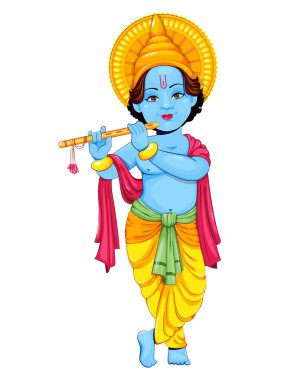 Mutlu Krishna Janmashtami tebrik kartı. Lord Krishna flüt ödüyor. Beyaz arkaplanda stok vektör illüstrasyonu