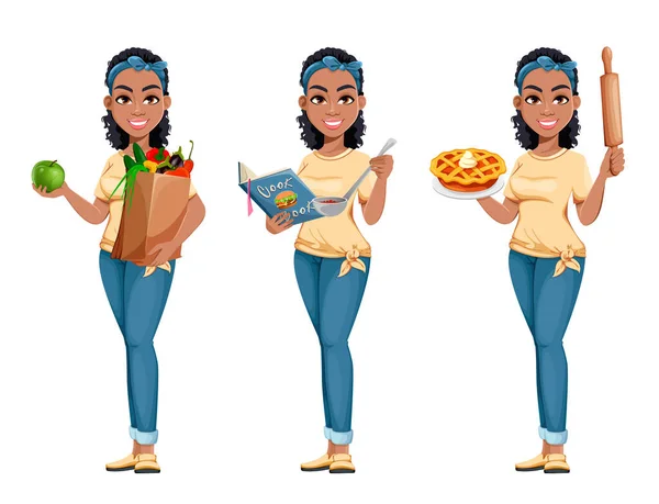 Pretty African American Ibu Rumah Tangga Set Tiga Pose Karakter - Stok Vektor
