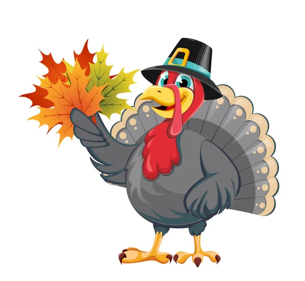 Szczęśliwego Święta Dziękczynienia Zabawna Postać Kreskówki Indyk Ptak Kapeluszu Pielgrzyma — Wektor stockowy