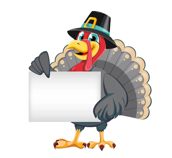 Happy Thanksgiving Day Funny Cartoon Character Turkey Bird Pilgrim Hat — ストックベクタ