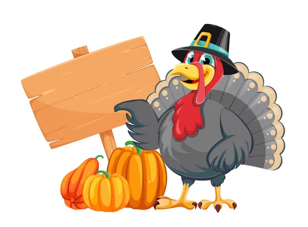 Happy Thanksgiving Day Funny Cartoon Character Turkey Bird Pilgrim Hat — Stock Vector