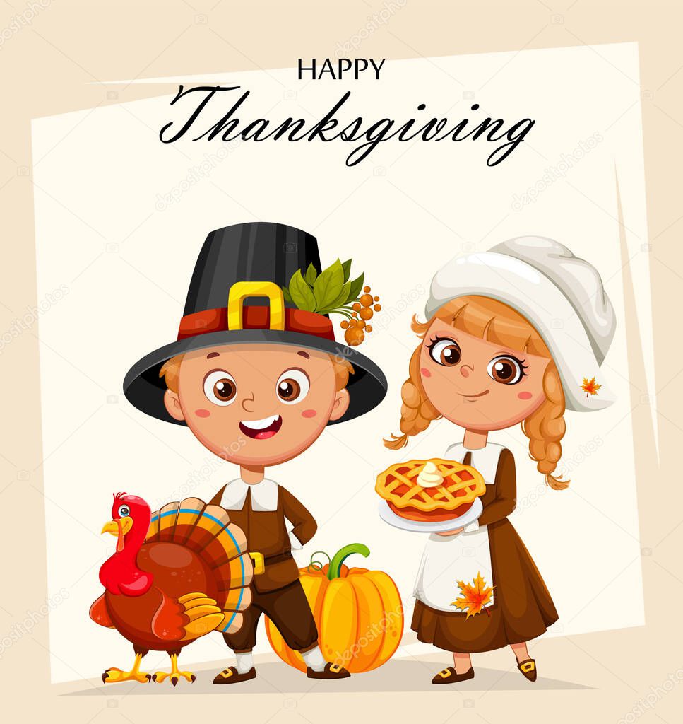 Happy Thanksgiving Day greeting card. Cute little pilgrim boy and girl cartoon characters. Stock vector illustration