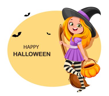 Şirin cadı kız. Güzel küçük cadı çizgi film karakteri. Stok vektör illüstrasyonu 