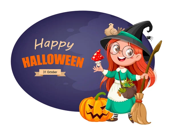 Joyeux Halloween Carte Voeux Jolie Sorcière Beau Petit Personnage Dessin — Image vectorielle