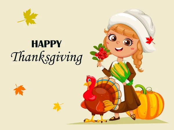 Happy Thanksgiving Day Greeting Card Cute Little Pilgrim Girl Turkey — Stock Vector