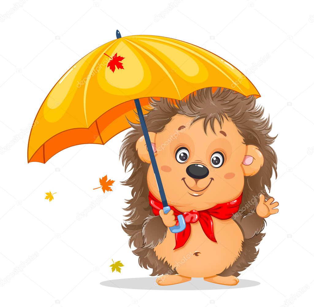 Cute cartoon hedgehog. Funny cartoon character hedgehog with umbrella. Stock vector illustration on white background