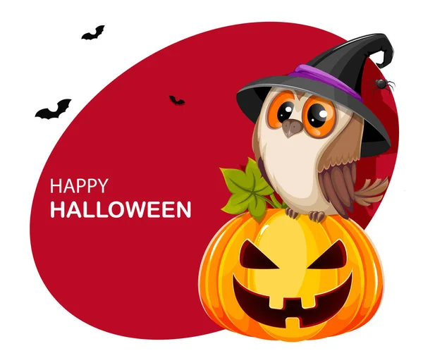 Glad Halloween Gratulationskort Söt Uggla Sittande Pumpa Jack Lantern Med — Stock vektor
