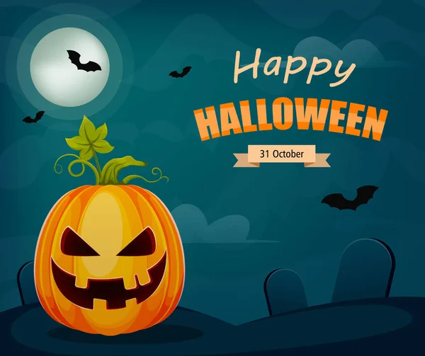 Joyeux Halloween Carte Voeux Creepy Jack Lantern Avec Cimetière Sur — Image vectorielle