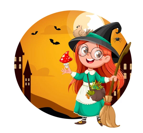 Gelukkige Halloween Heldere Wenskaart Leuke Meisjesheks Mooi Heksenbeeldje Voorraadvector Illustratie — Stockvector