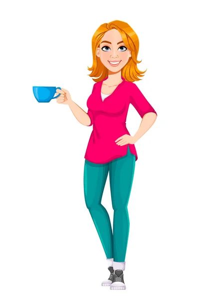 成功した実業家 コーヒーブレイクを持つかわいいビジネス女性漫画のキャラクター ストックベクトルイラスト — ストックベクタ