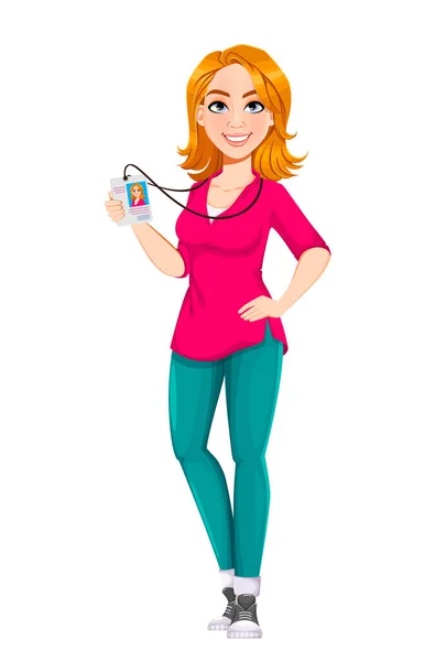 Erfolgreiche Geschäftsfrau Nette Geschäftsfrau Cartoon Figur Mit Personalausweis Illustration Eines — Stockvektor