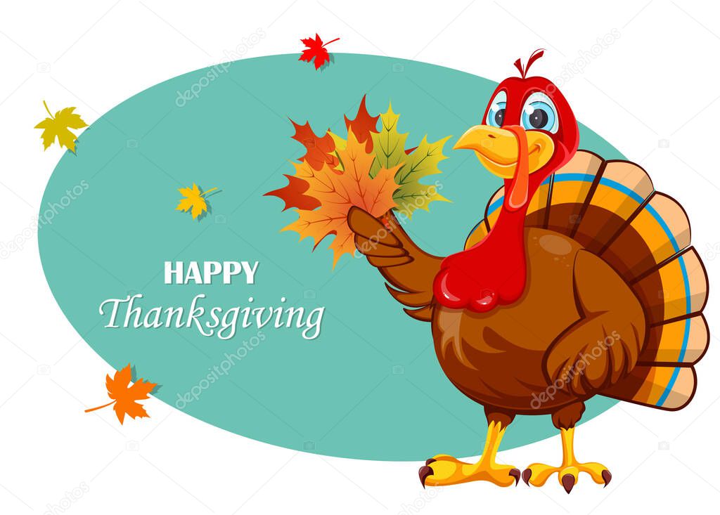 Happy Thanksgiving day greeting card. Funny cartoon character turkey bird. Turkey bird holding maple leaves. Stock vector illustration