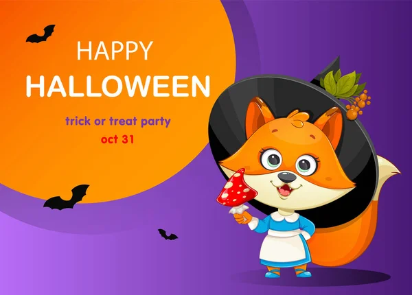 Joyeux Halloween Carte Vœux Avec Mignon Foxy Sorcière Drôle Renard — Image vectorielle
