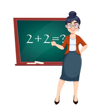 Techer günün kutlu olsun. Matematik dersi sırasında karatahtanın yanında duran sevimli bayan öğretmen çizgi film karakteri. Stok vektör illüstrasyonu.