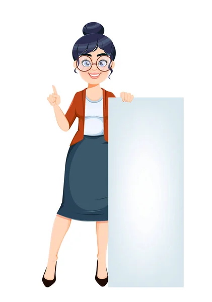 ハッピー テッカーの日 かわいい女教師漫画のキャラクターが大きな空白のバナーの近くに立っている ストックベクトルイラスト — ストックベクタ