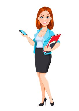 Modern iş kadını kavramı. Kızıl saçlı çizgi film karakteri iş kadını elinde akıllı telefon tutuyor. Beyaz arkaplanda vektör illüstrasyonu