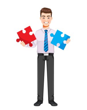 Yakışıklı iş adamı çözme problemi. Genç iş adamı çizgi film karakteri. Stok vektör illüstrasyonu